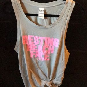VS PINK tank-resting beach face